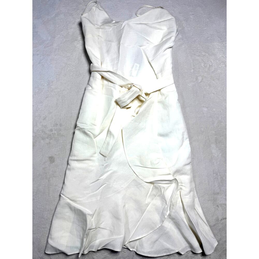 Banana Republic Linen Blend Wrap Midi Dress White Tie Waist Ruffle Womens Sz 8